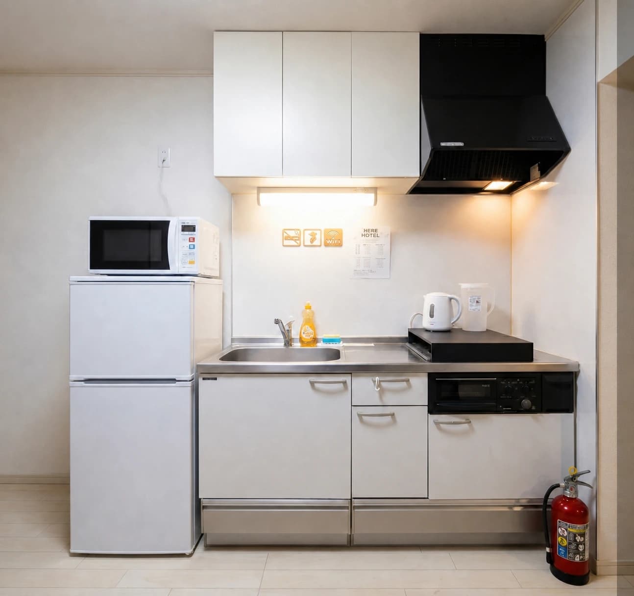 Ground-floor kitchenette at MEME Hotel Tokyo with refrigerator, microwave and electric kettle