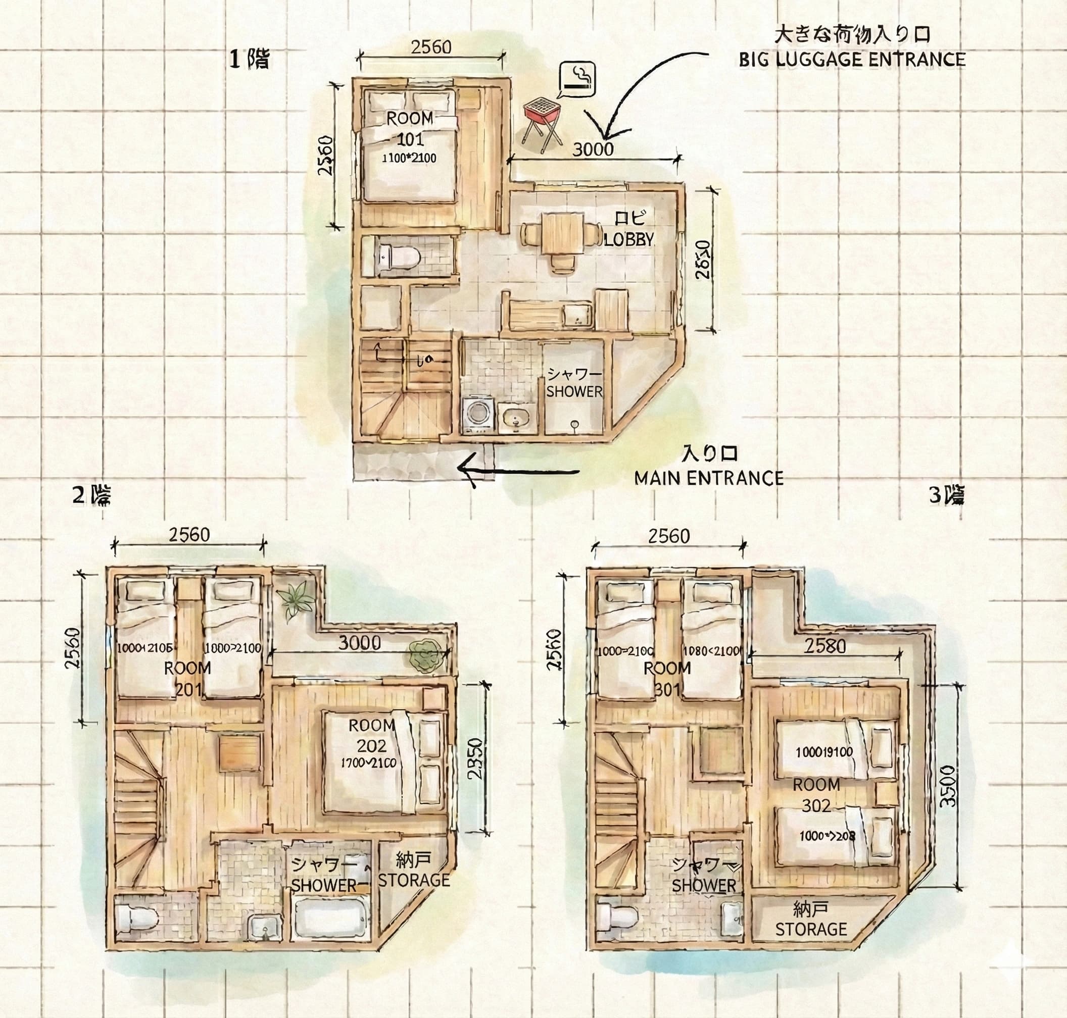 Illustrated floor plan showing all three floors and five bedrooms at MEME Hotel